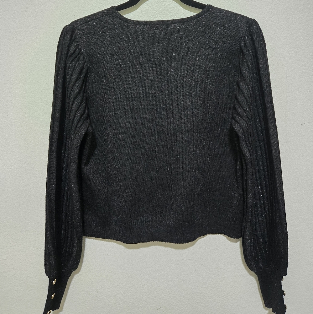 Nanette Lepore Black and Silver Sparkle Knit Sweater Ribbed Sleeves Size Large - Picture 7 of 14